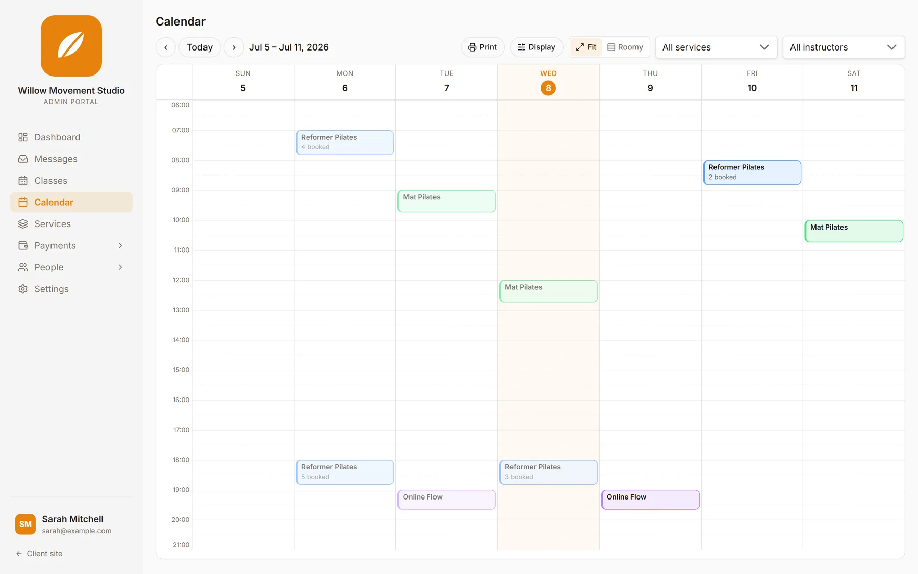 Le calendrier hebdomadaire Movently avec les cours de pilates et de flow en ligne répartis sur la semaine